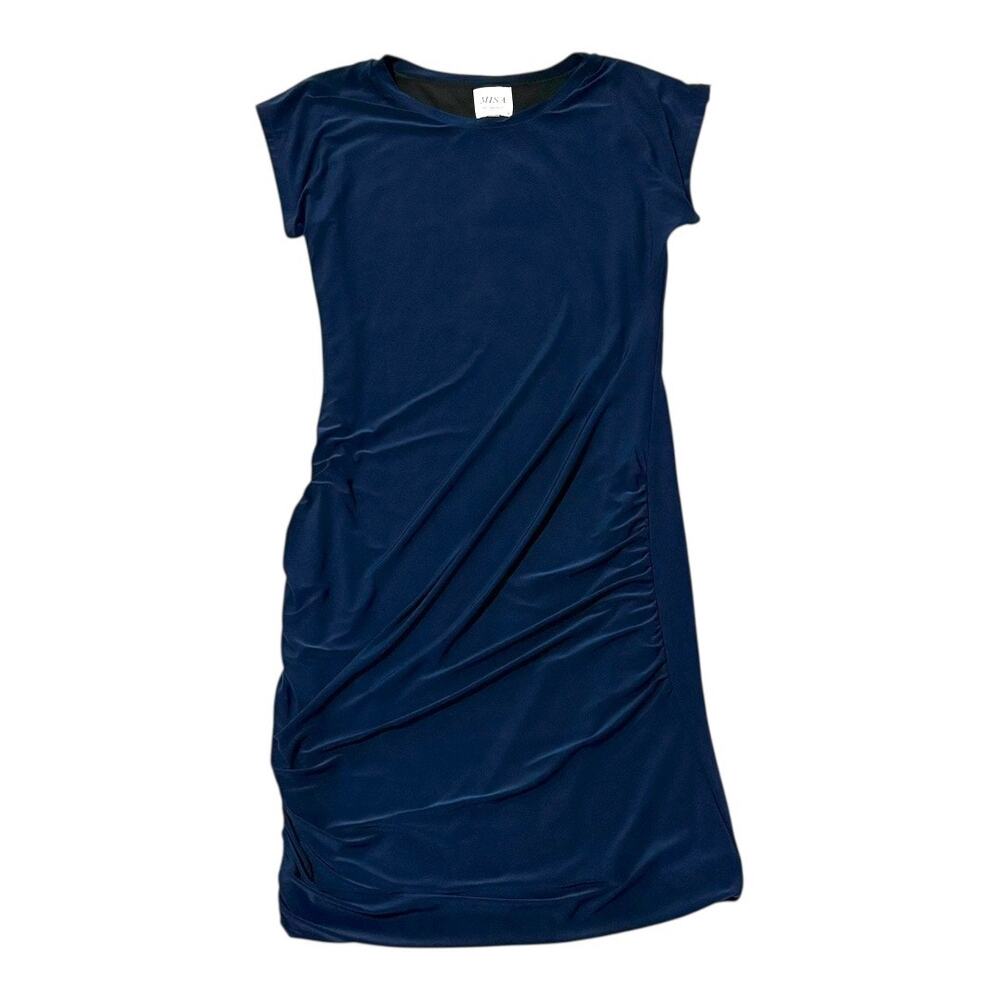 NWT Misa LA Ruched Navy Blue Dress - Medium - Mini - Short Sleeve Sheath
